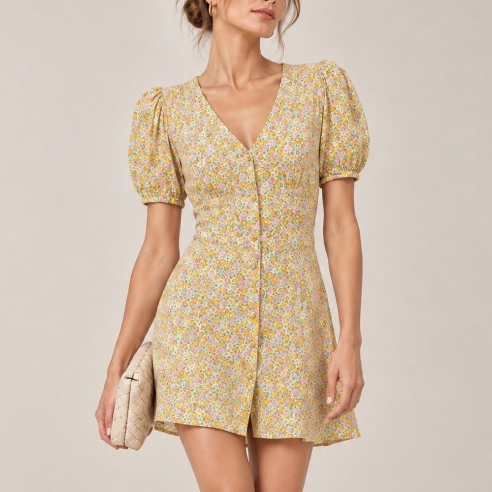 & Other Stories Floral Mini Dress 2 Yellow Pink V Neck Button Front Puff Sleeve